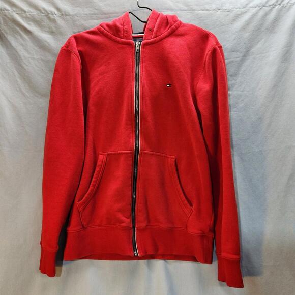 Tommy Hilfiger Sweatshirt Hoodie Jacket Men's MED Full Zip Pocket Logo Red White - Picture 1 of 11